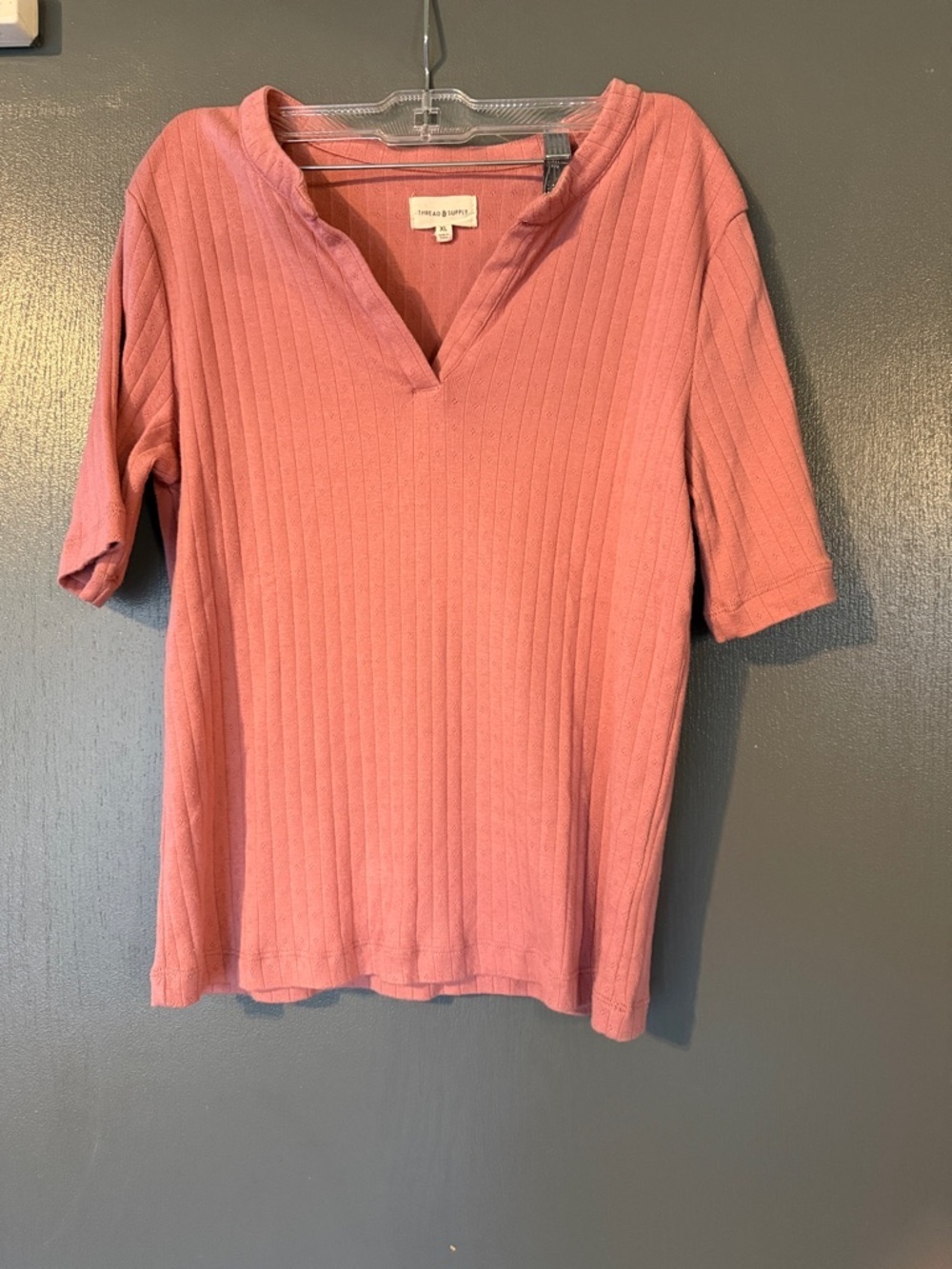Thread & Supply Rose Ribbed V-Notch Short Sleeve Top
